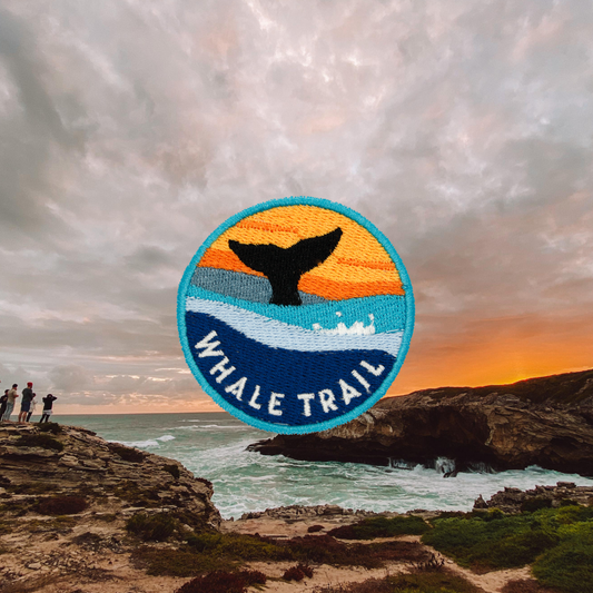 A circular embroidered patch reading 'WHALE TRAIL' is superimposed over a coastal landscape at sunset. The patch shows a black whale tail emerging out of the waves with an orange sunset.