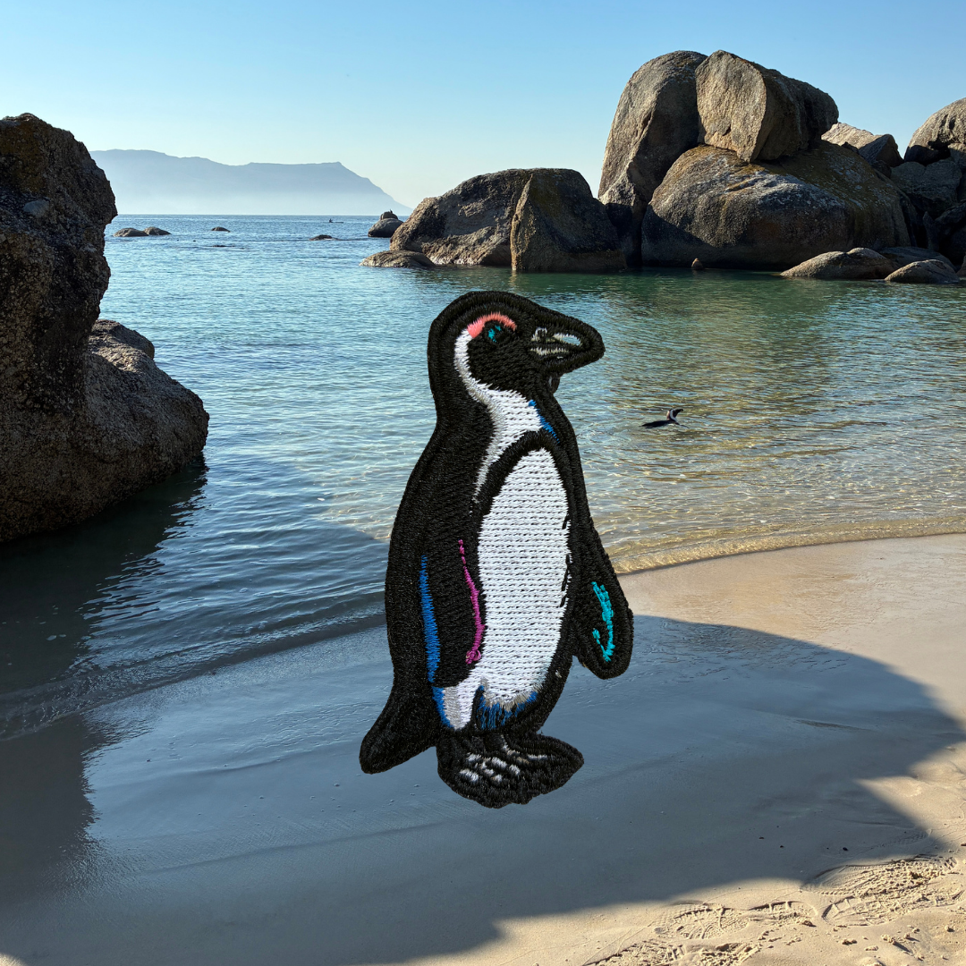 A penguin-shaped embroidered patch with black, white, pink, blue, and teal details, shown against Boulders Beach.