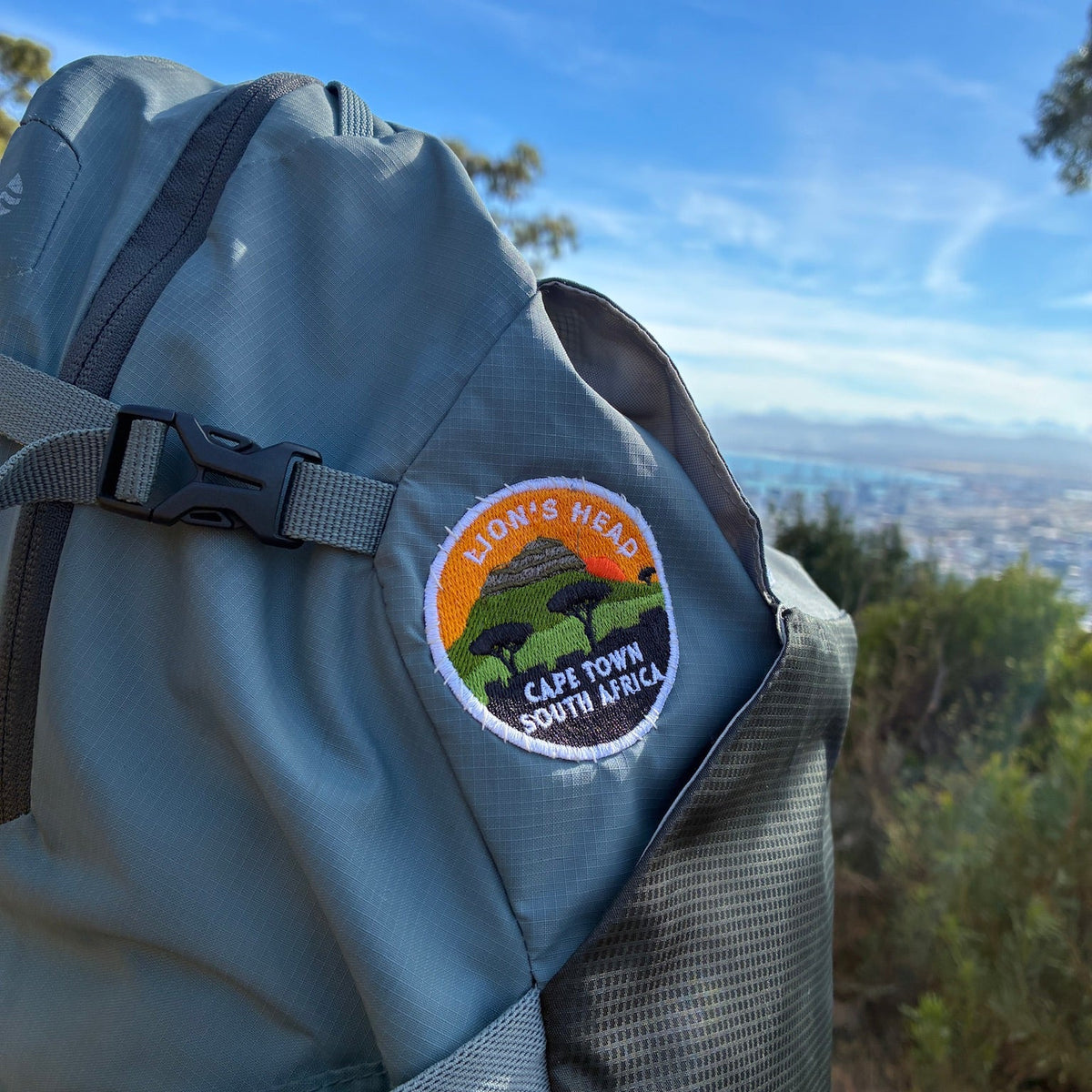 Gray backpack with a 'Lion's Head' patch against a scenic background