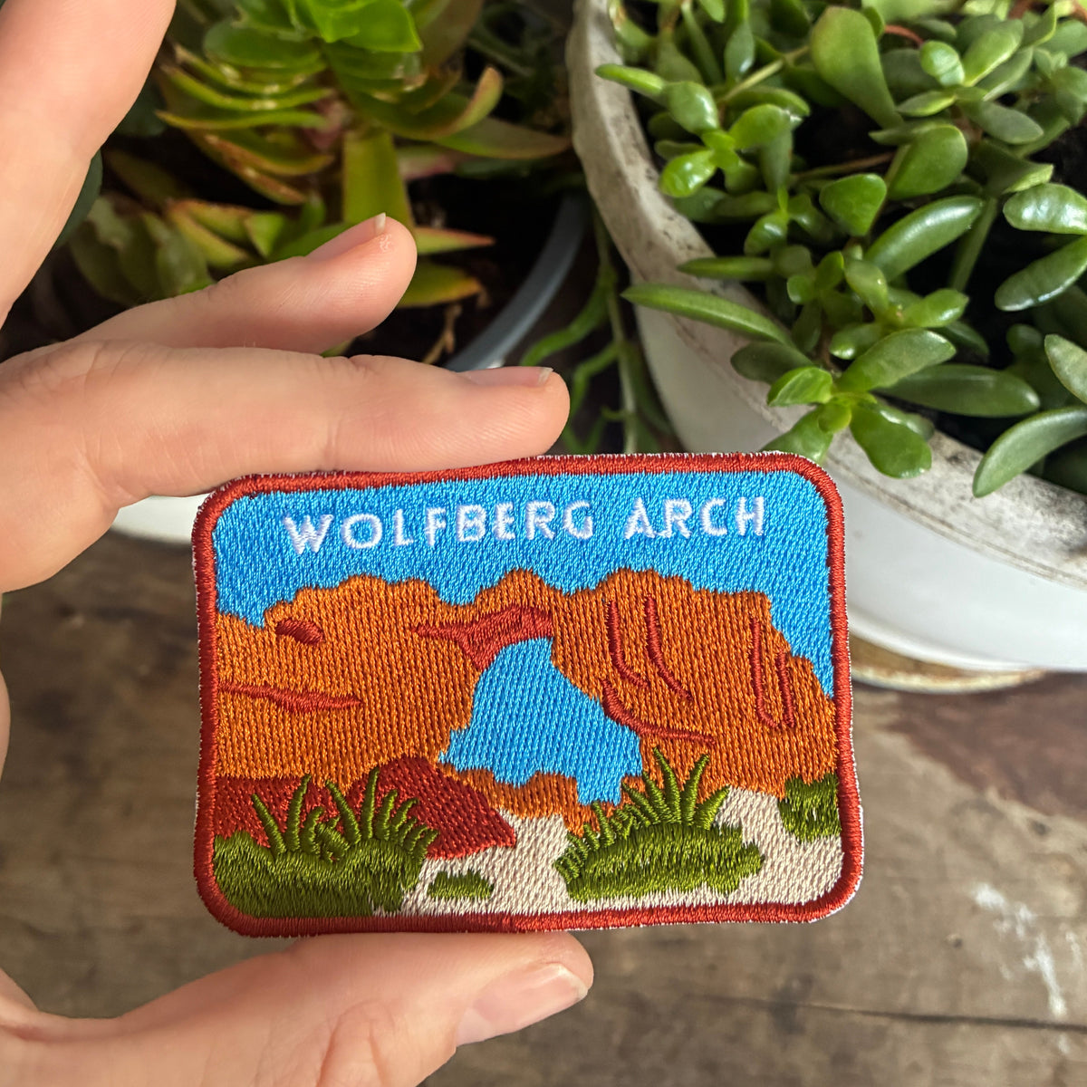 Hand holding a embroidered patch with a design of a arch and text 'Wolfberg Arch' next to some plants.